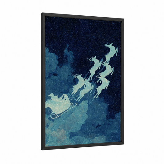 Magical Reindeer Flight framed christmas print — black wood frame — dark blue and light green palette