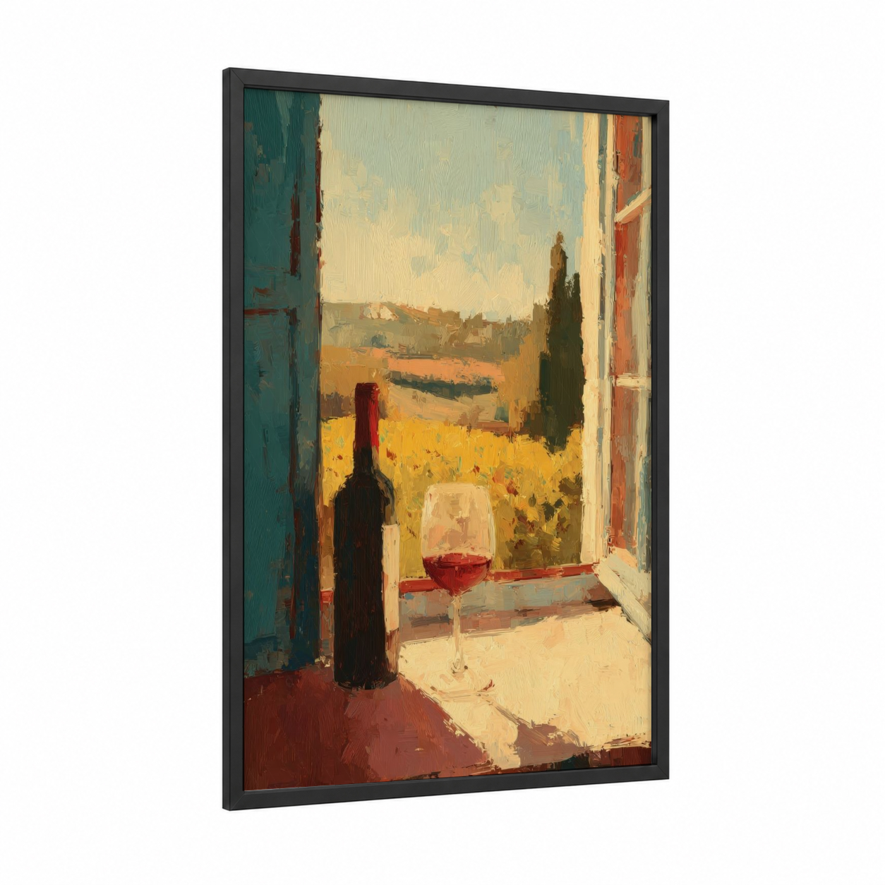 Tuscan Wine View framed red wine print — black wood frame — gold and teal palette