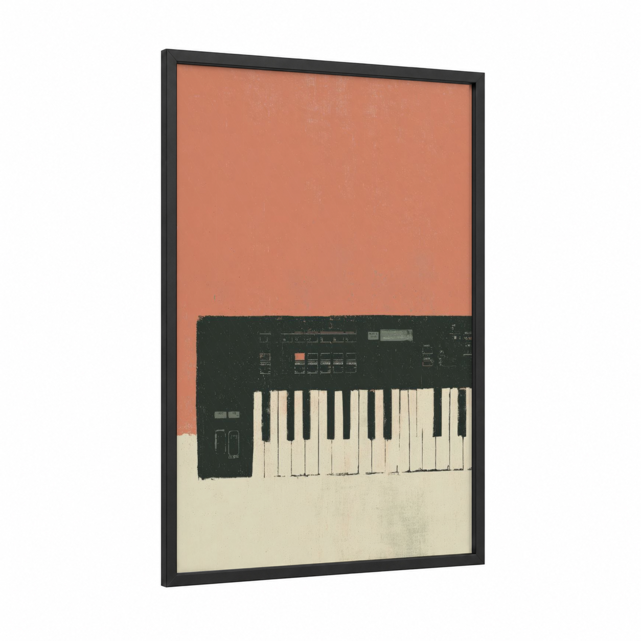Keyboard Synthesizer framed art print — black wood frame — salmon pink and cream palette