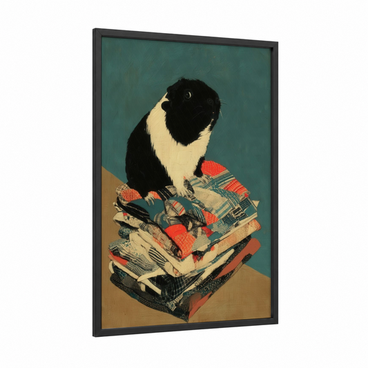 Cozy Guinea Pig framed art print — black wood frame — teal and cream palette