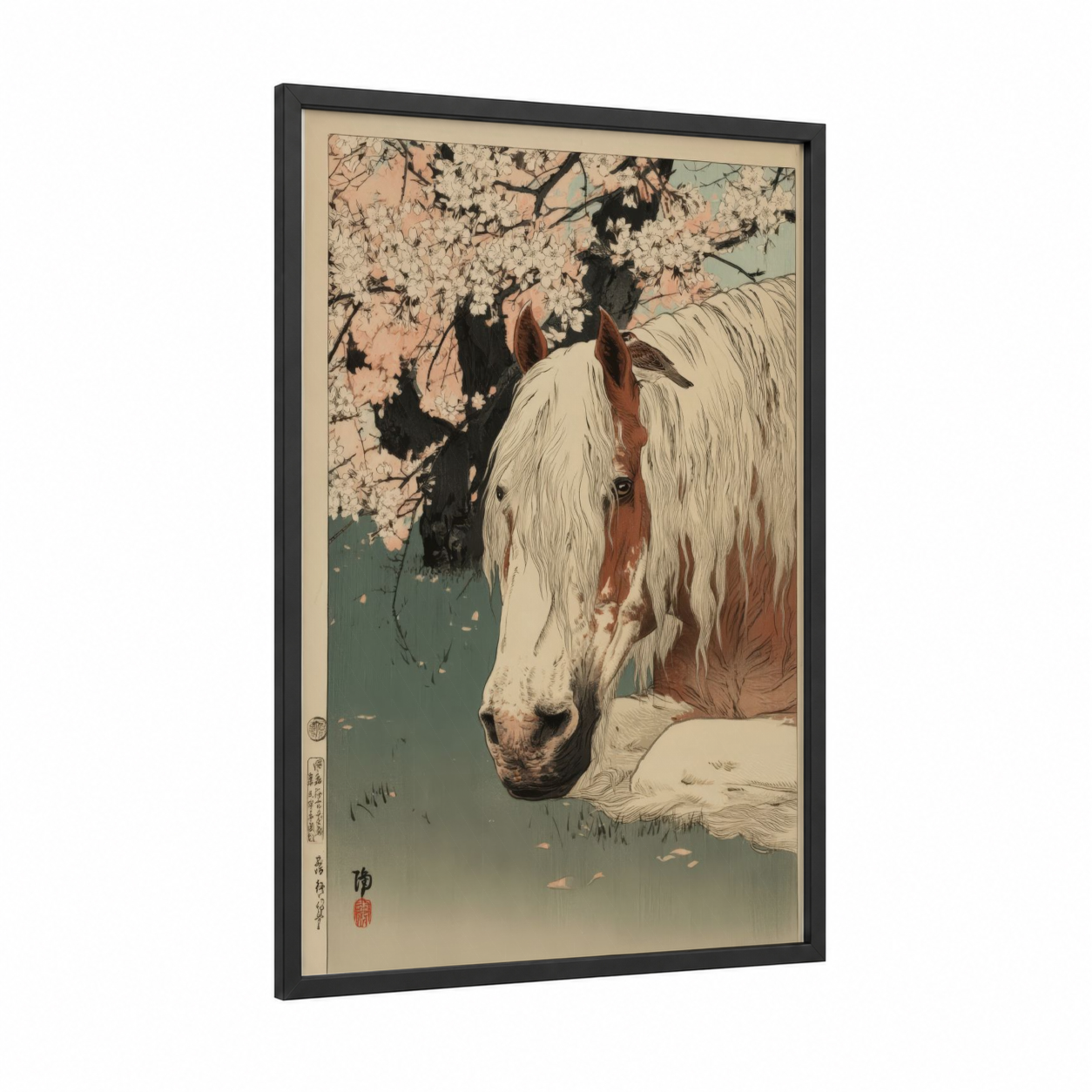 Cherry Blossom Clydesdale framed clydesdale horse print — black wood frame — cream and sage green palette