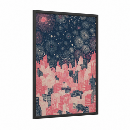 Midnight Celebration framed new years eve print — black wood frame — salmon pink and dark blue palette