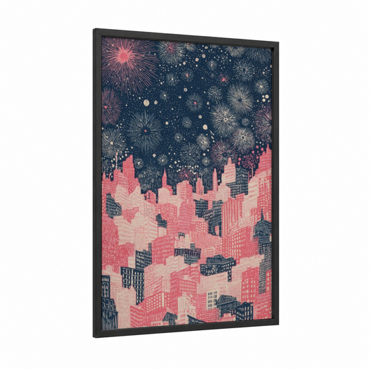 Midnight Celebration framed new years eve print — black wood frame — salmon pink and dark blue palette