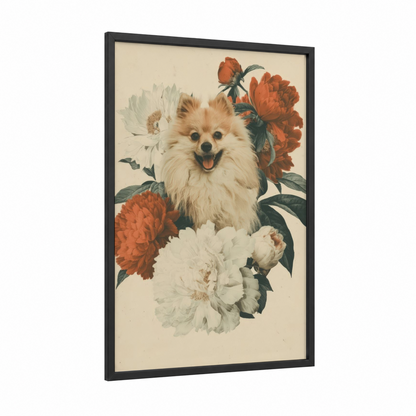 Smiling Spitz Peonies framed art print — black wood frame — cream palette