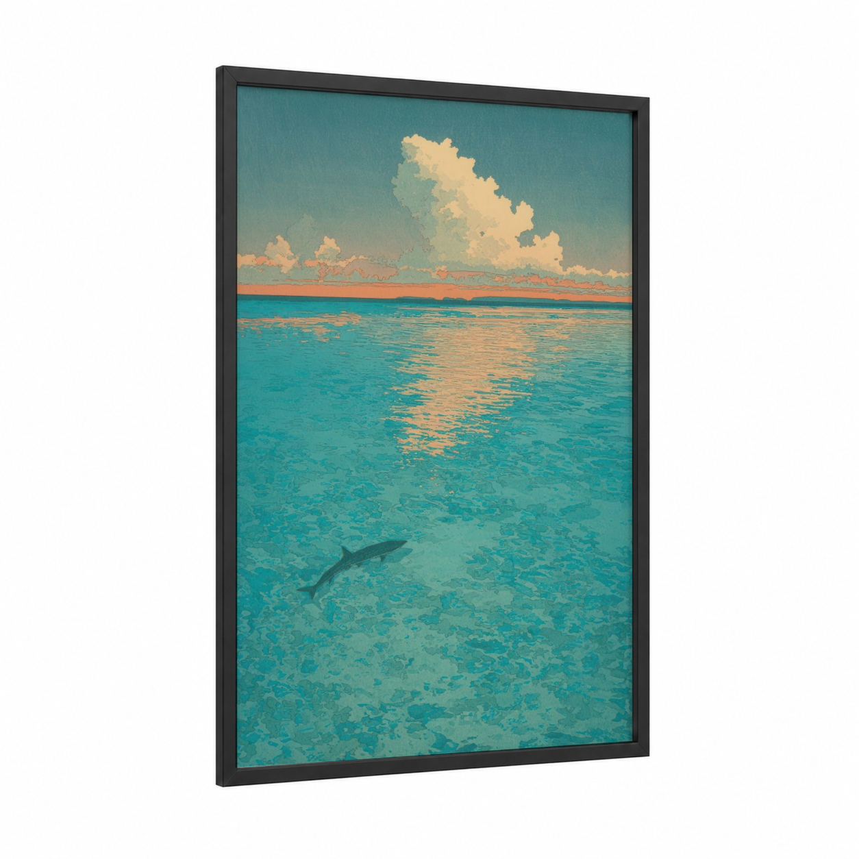 Tropical Snook framed art print — black wood frame — turquoise and gold palette