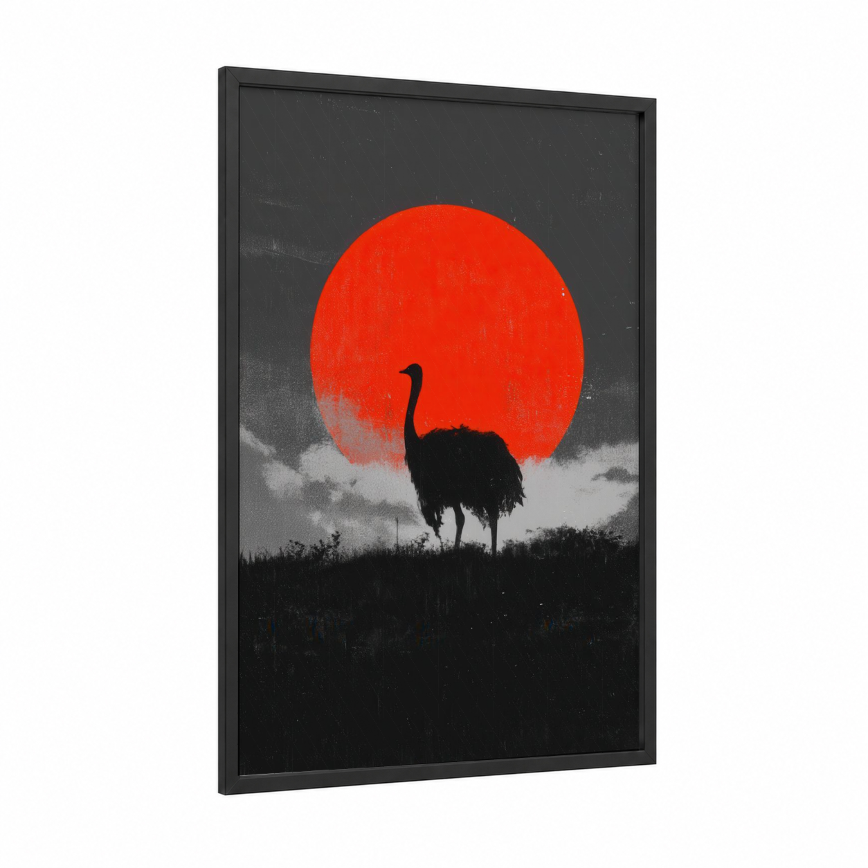 Crimson Ostrich Silhouette framed art print — black wood frame — red and black and white palette