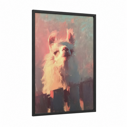 Golden Hour Llama framed art print — black wood frame — peach and gold palette