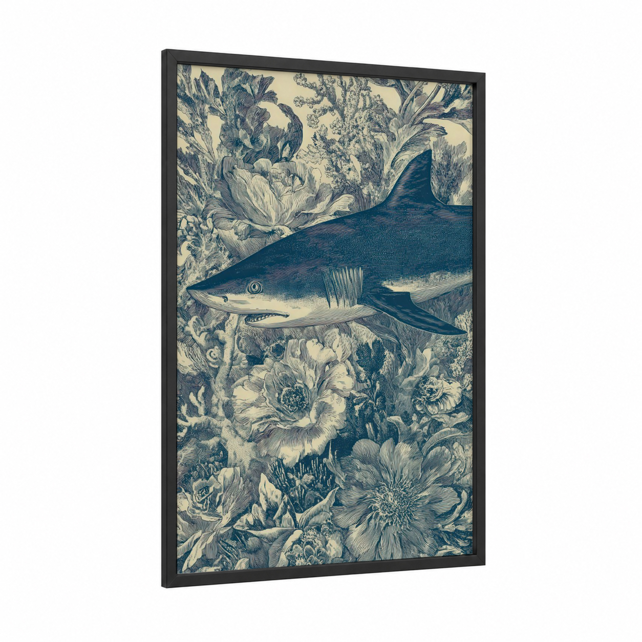 Floral Blue Shark framed art print — black wood frame — blue and white and cream palette