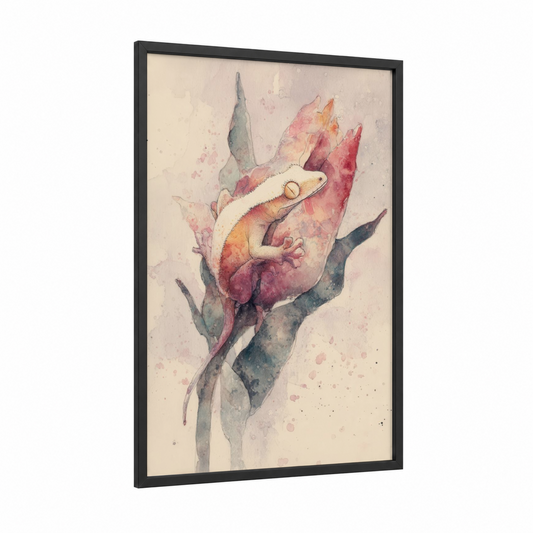 Blossom Gecko framed lizard print — black wood frame — pink and sage green palette
