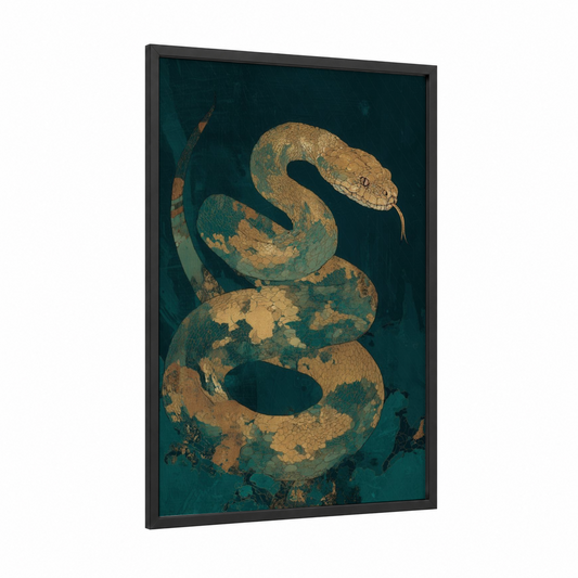 Coiled Python framed art print — black wood frame — gold and teal palette