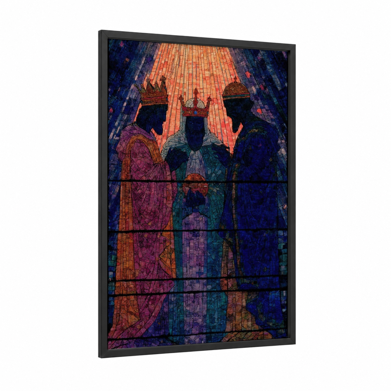 Three Kings Stained Glass framed epiphany print — black wood frame — blue and gold palette