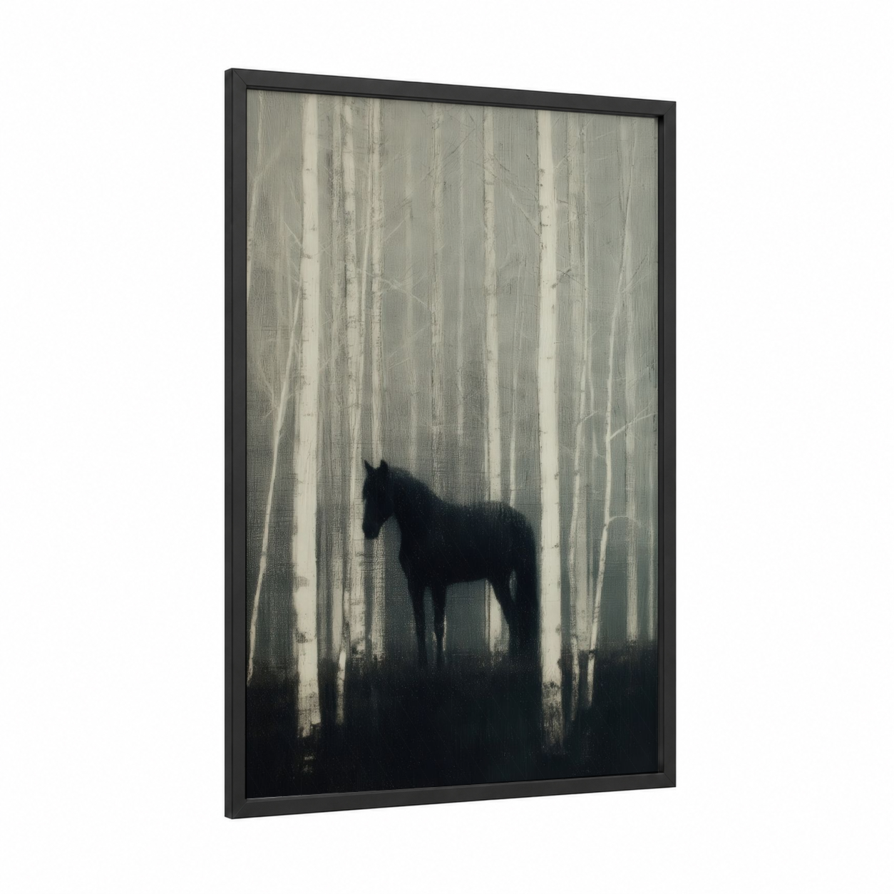 Misty Andalusian framed andalusian horse print — black wood frame — black and white and gray palette