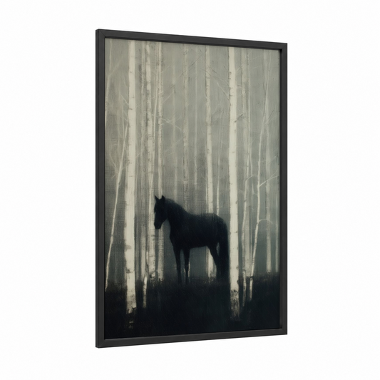 Misty Andalusian framed andalusian horse print — black wood frame — black and white and gray palette