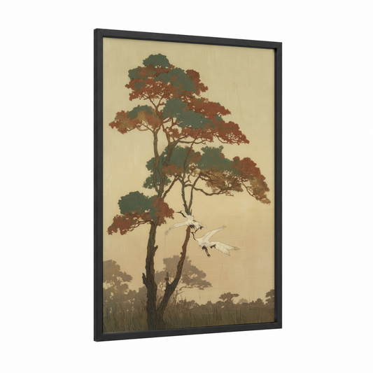 Serene Cedar Landscape framed cedar tree print — black wood frame — beige and dark green palette