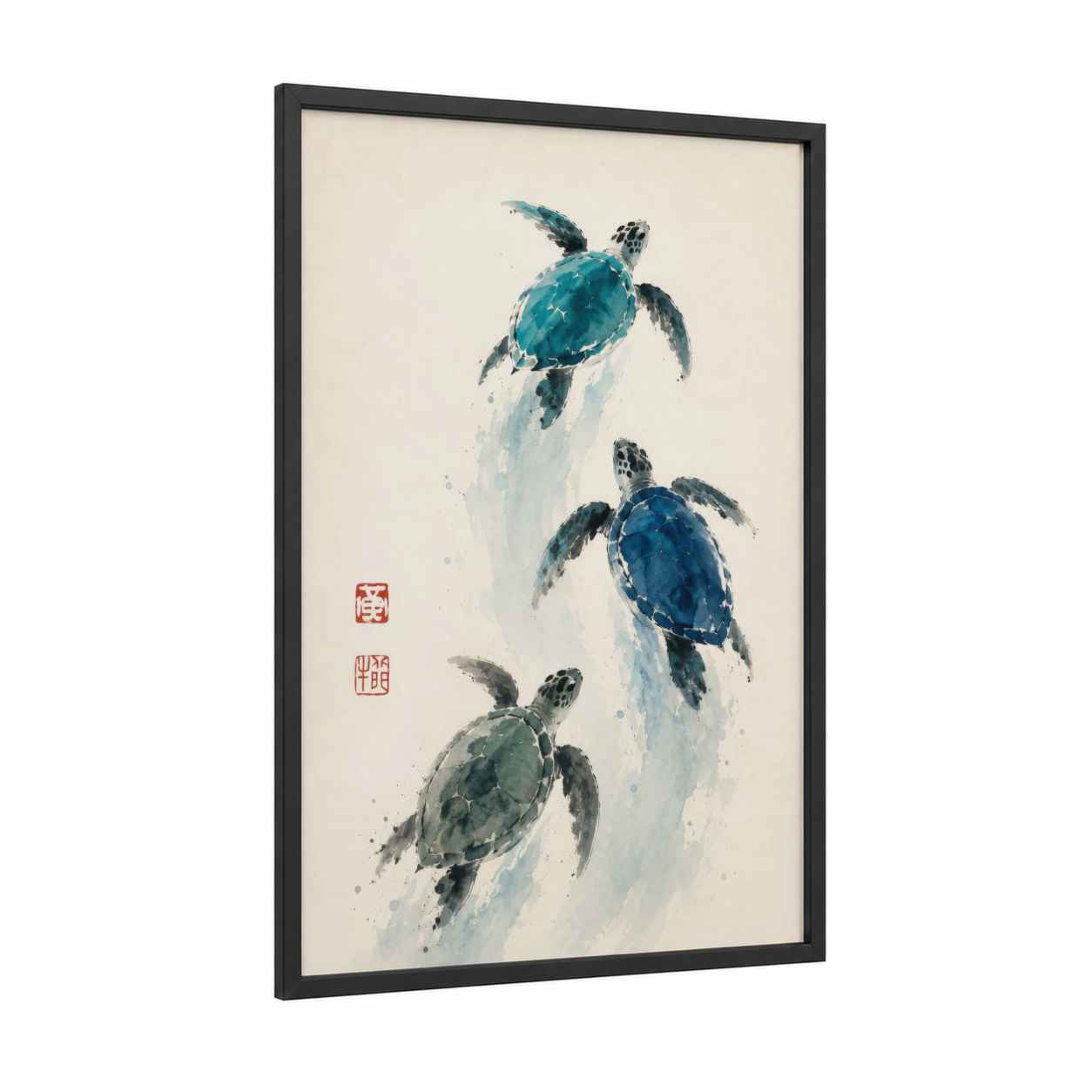 Sea Turtle Trio Wall Art framed art print — black wood frame — teal and beige palette