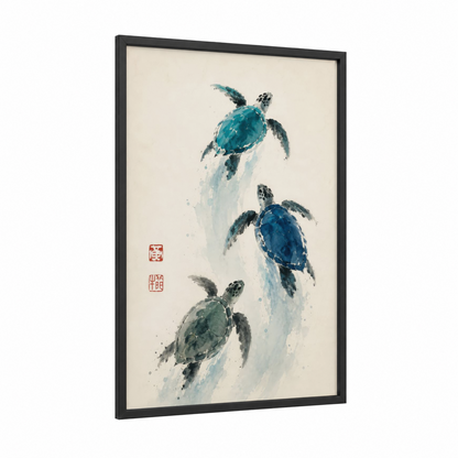 Sea Turtle Trio Wall Art framed art print — black wood frame — teal and beige palette