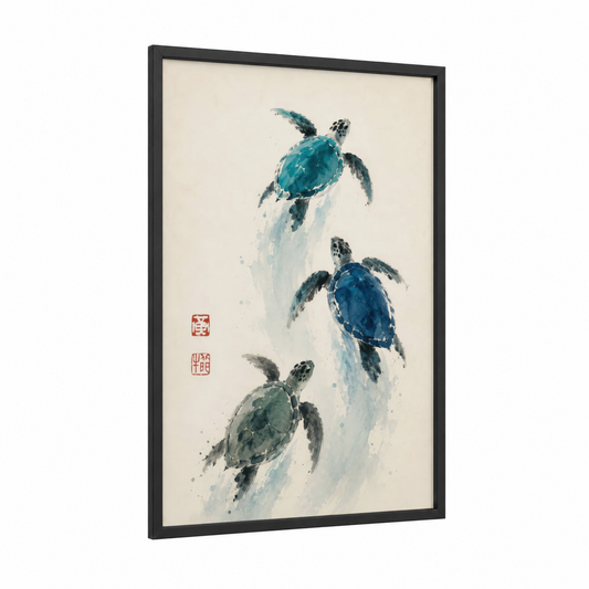 Sea Turtle Trio Wall Art framed art print — black wood frame — teal and beige palette