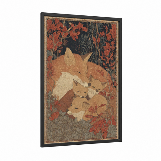 Autumn Fox Family framed art print — black wood frame — russet and gold palette