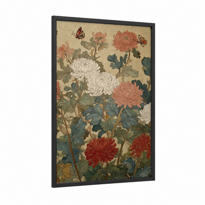 Vintage Chrysanthemum Garden framed art print — black wood frame — beige palette