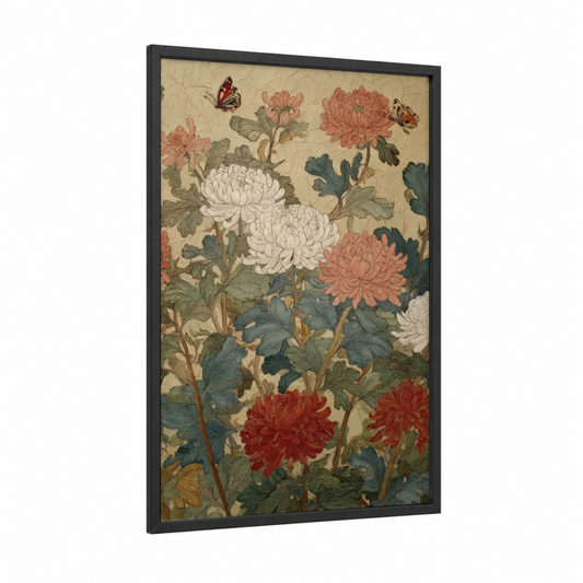 Vintage Chrysanthemum Garden framed art print — black wood frame — beige palette