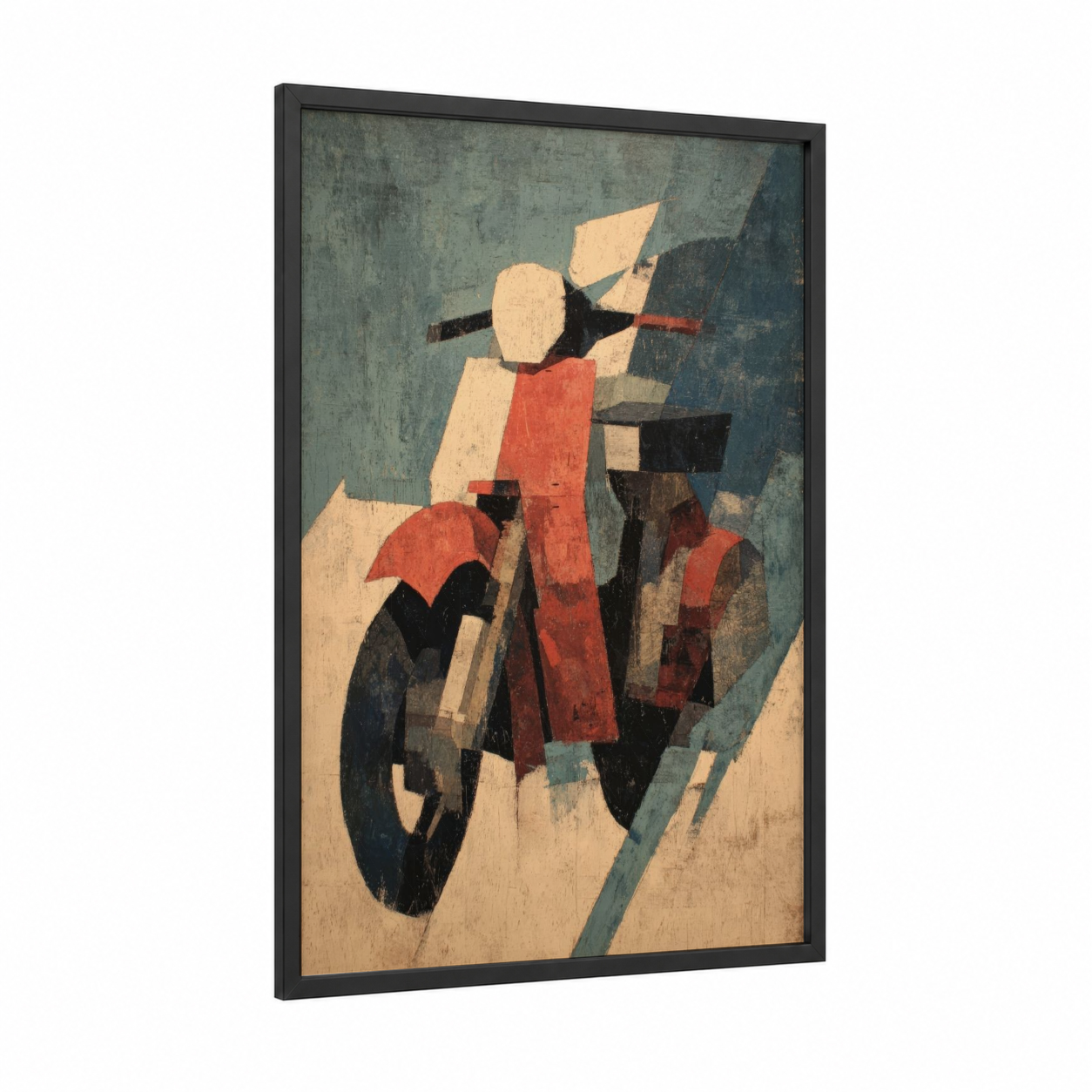 Vintage Scooter framed art print — black wood frame — blue and white and red palette
