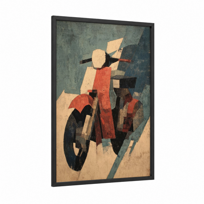 Vintage Scooter framed art print — black wood frame — blue and white and red palette