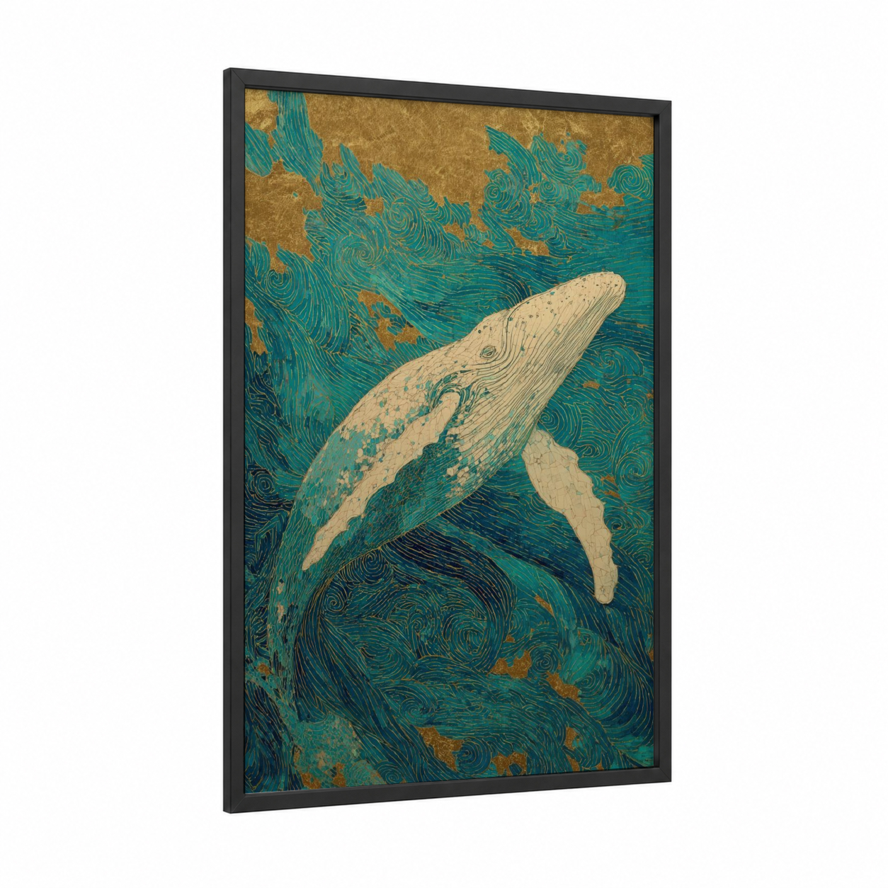 Oceanic Sperm Whale framed art print — black wood frame — teal and gold palette