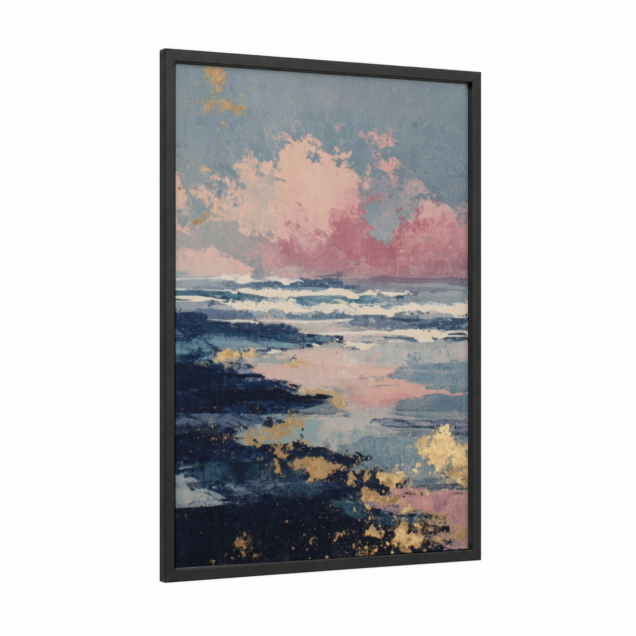 Misty Dawn Seascape framed beach sunrise and sunsets print — black wood frame — blue and gold palette