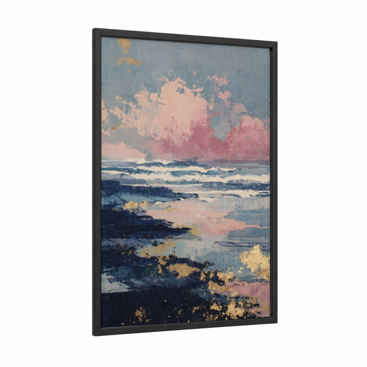 Misty Dawn Seascape framed beach sunrise and sunsets print — black wood frame — blue and gold palette