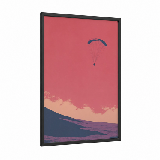 Desert Paraglider framed paragliding print — black wood frame — salmon pink and dark blue palette