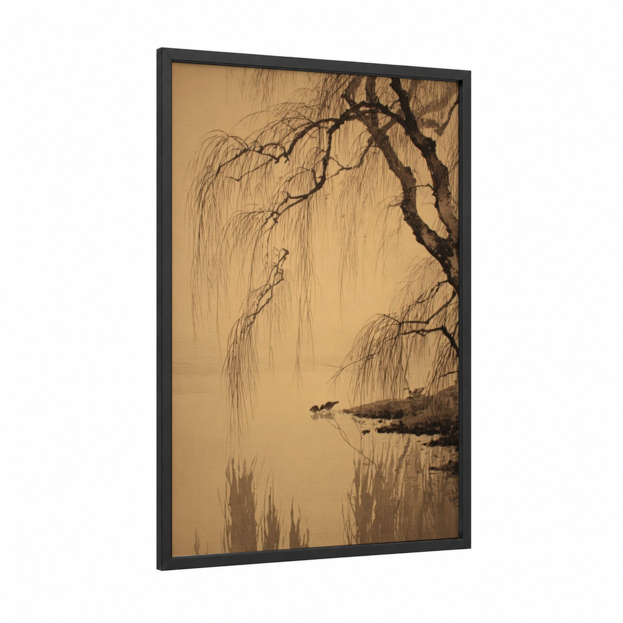 Misty Willow Landscape framed willow forest print — black wood frame — nobel and dove gray palette
