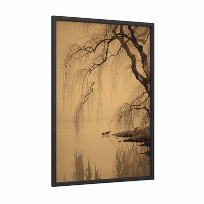 Misty Willow Landscape framed willow forest print — black wood frame — nobel and dove gray palette