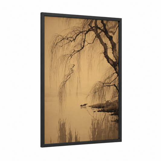 Misty Willow Landscape framed willow forest print — black wood frame — nobel and dove gray palette