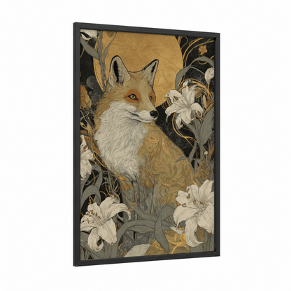 Golden Fox Botanicals framed art print — black wood frame — gold and white palette