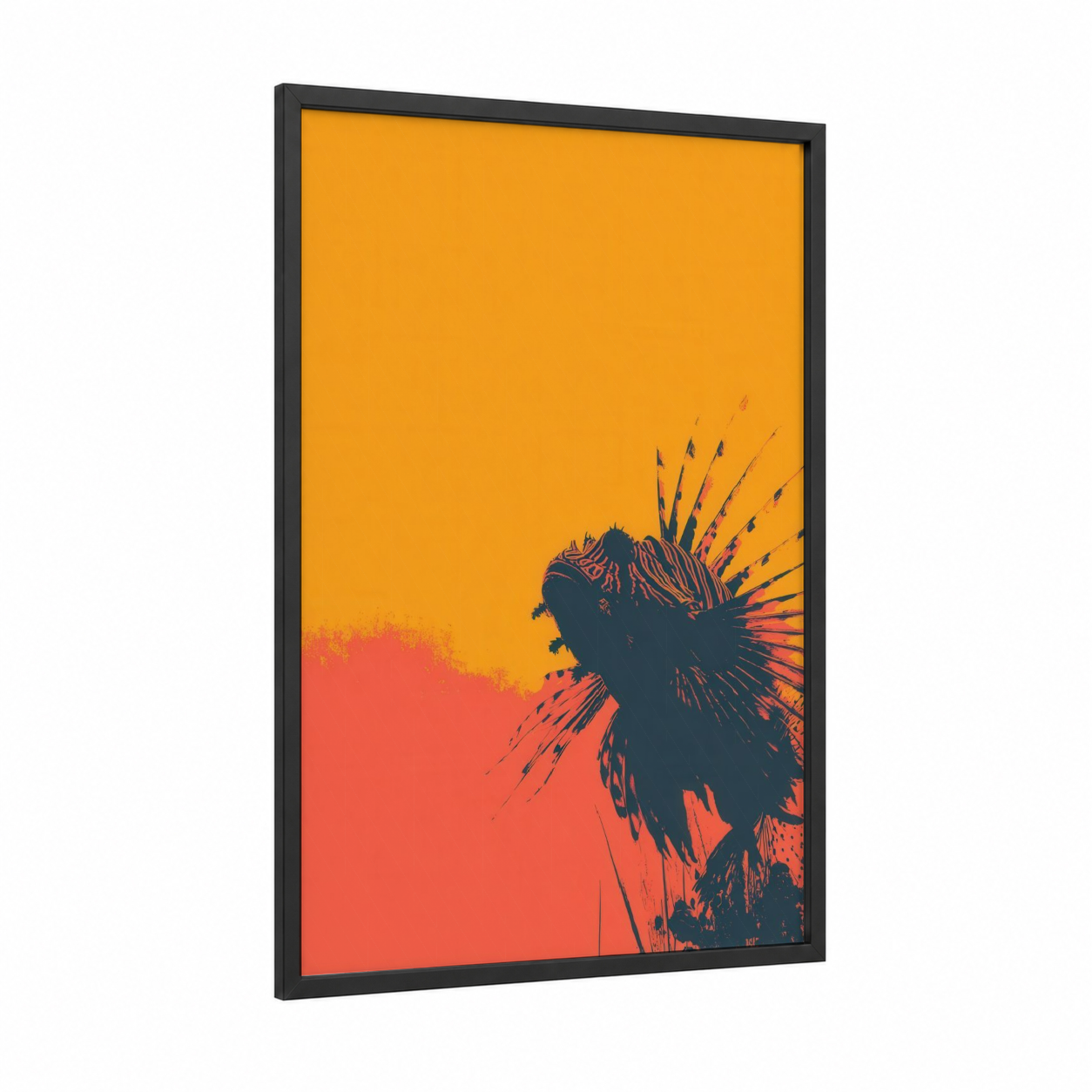 Crimson Lionfish framed art print — black wood frame — orange and gold palette