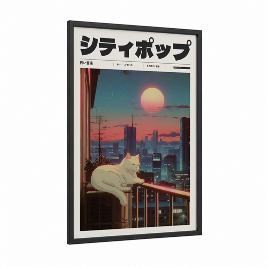 Sunset Cat Tokyo framed anime and manga print — black wood frame — gold and blue palette