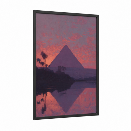 Pyramid Sunrise Reflection framed great pyramid of giza print — black wood frame — rose gold and gold palette