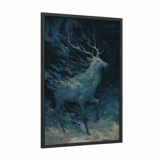 Ethereal Reindeer framed art print — black wood frame — blue and gold and dark blue palette
