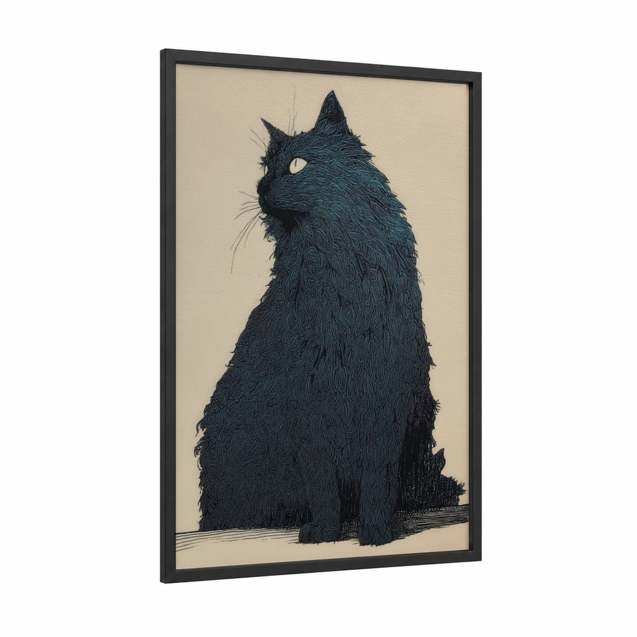 Mystical Black Cat framed art print — black wood frame — black and beige palette