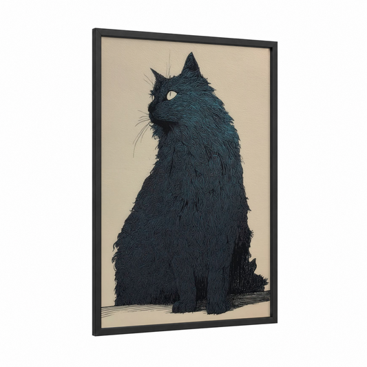 Mystical Black Cat framed art print — black wood frame — black and beige palette