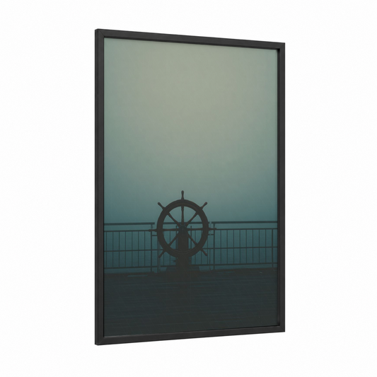 Misty Shipwheel framed art print — black wood frame — dove gray and teal palette