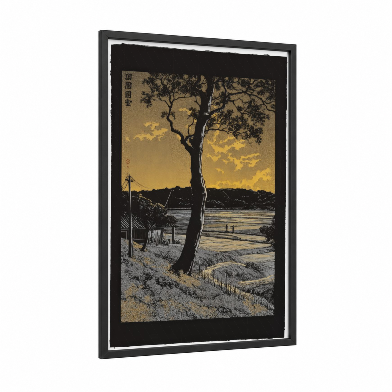 Golden Twilight Landscape framed various landscapes print — black wood frame — gold and black and white palette