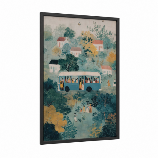 Countryside Bus Journey framed art print — black wood frame — teal and yellow palette
