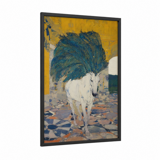Windswept Andalusian framed andalusian horse print — black wood frame — gold and blue palette