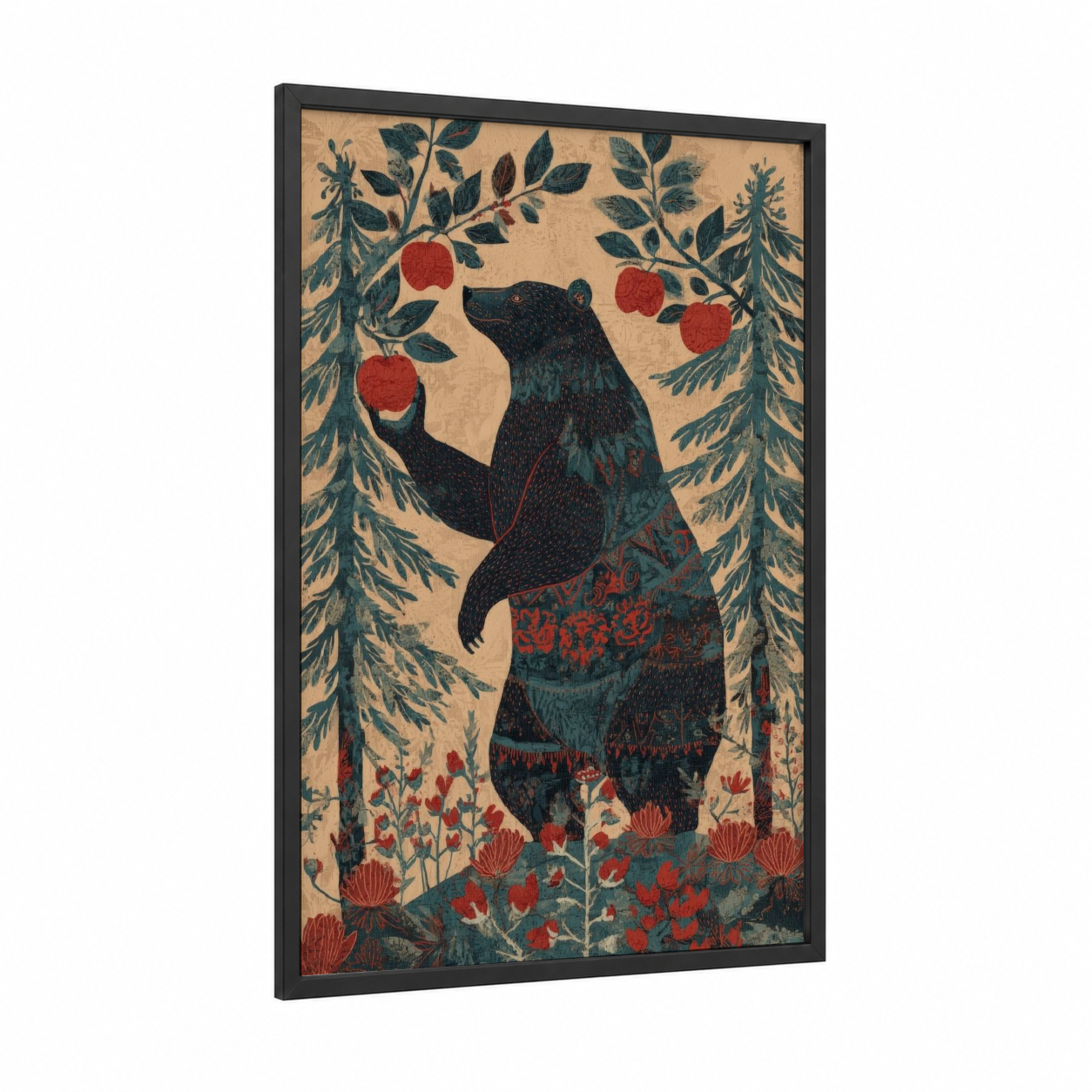 Foraging Grizzly framed grizzly bear print — black wood frame — dark green and cream palette