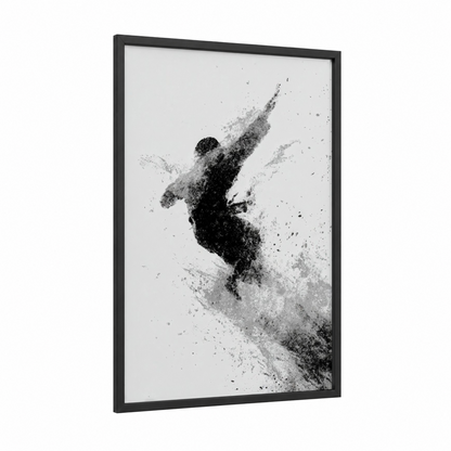 Dynamic Capoeira Leap framed art print — black wood frame — black and white palette