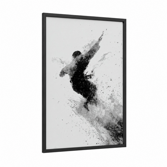 Dynamic Capoeira Leap framed art print — black wood frame — black and white palette