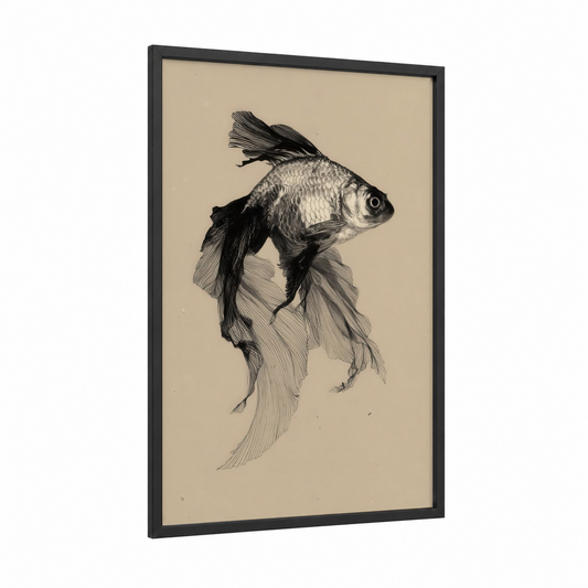 Black Fantail Goldfish framed art print — black wood frame — black and white and beige palette