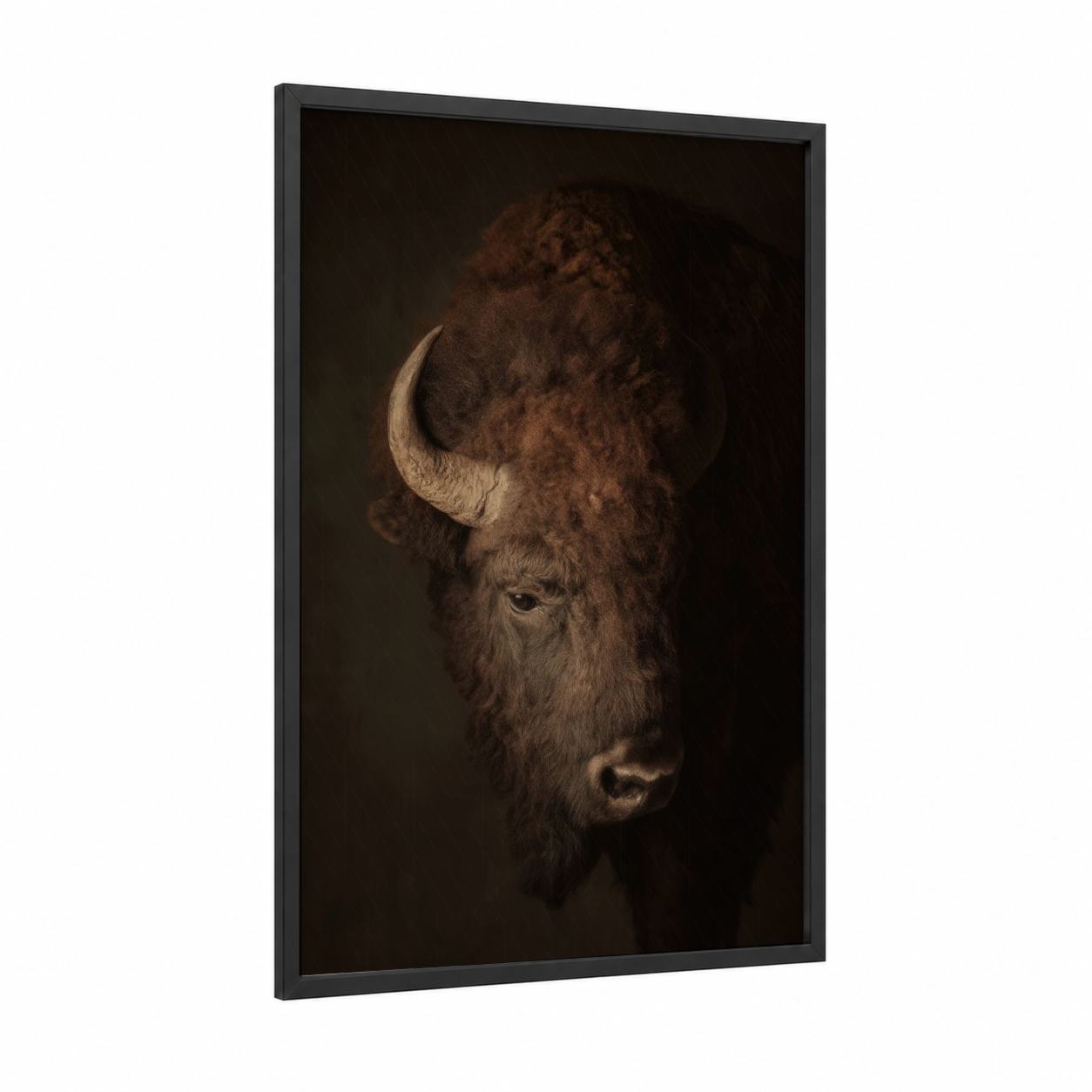 Majestic Bison Portrait framed art print — black wood frame — brown and black palette