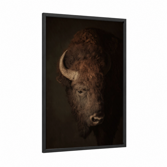 Majestic Bison Portrait framed art print — black wood frame — brown and black palette